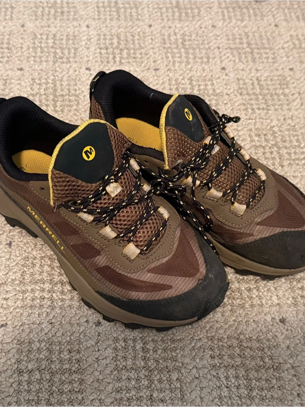 Merrell Kids Brown and Black Trail Running Shoes with Yellow Accents